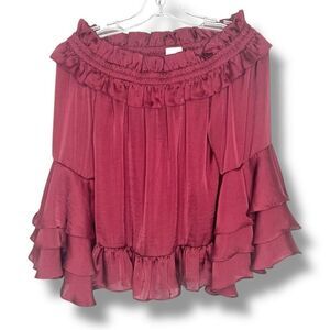 MISA Los Angeles Saskayi Off Shoulder Long Sleeve Tiered Ruffle Burgundy Blouse